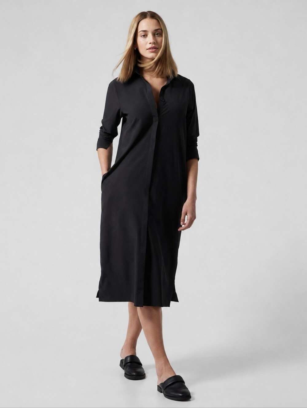 Athleta Urbanite Dress Black Collared Shirt Dress Midi Medium
